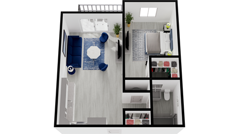 a floor plan of a bedroom and living room with a blue couch